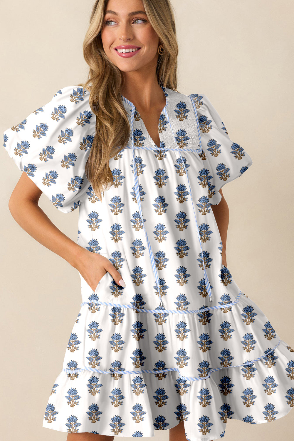 Sky Blue Floral Puff Sleeve Tied Neck Pocketed Mini Dress Floral Dresses JT's Designer Fashion