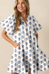 Sky Blue Floral Puff Sleeve Tied Neck Pocketed Mini Dress Floral Dresses JT's Designer Fashion