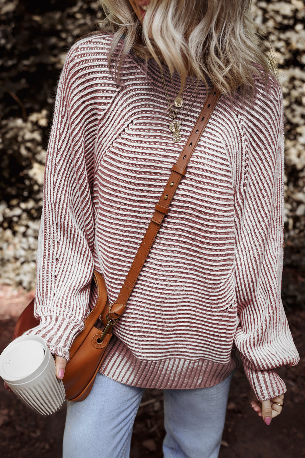 Red Dahlia Striped Print Ribbed Knit Boat Neck Baggy Sweater Sweaters JT's Designer Fashion