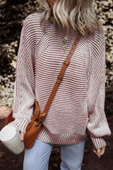 Red Dahlia Striped Print Ribbed Knit Boat Neck Baggy Sweater Sweaters JT's Designer Fashion