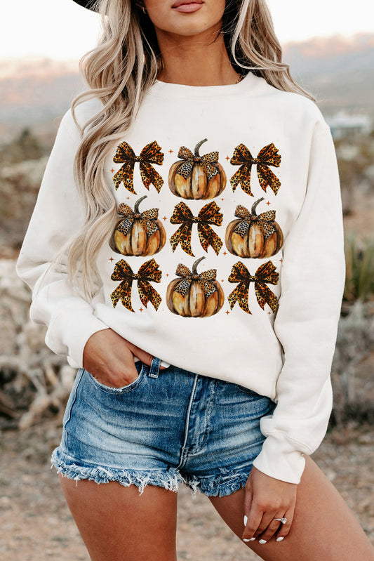 Beige Pumpkin Leopard Bow Knot Print Pullover Sweatshirt Beige 50%Polyester+50%Cotton Graphic Sweatshirts JT's Designer Fashion