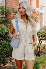Jet Stream Textured Zipped Front V Neck Collared Casual Romper Jumpsuits & Rompers JT's Designer Fashion