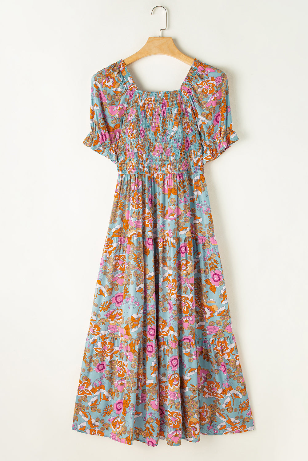 Yellow Smocked Bodice High Waist Puff Sleeve Floral Dress Floral Dresses JT's Designer Fashion