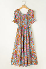 Yellow Smocked Bodice High Waist Puff Sleeve Floral Dress Floral Dresses JT's Designer Fashion