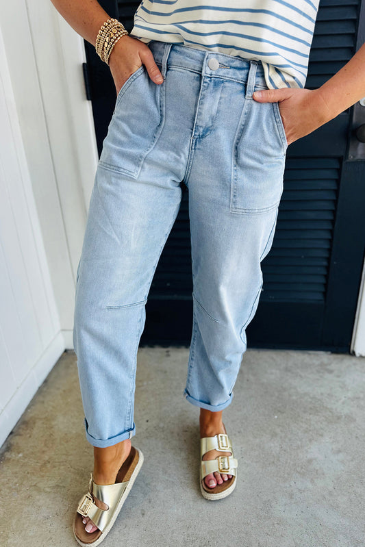 Beau Blue High Rise Barrel Relaxed Patch Pocket Jeans Beau Blue 65%Cotton+33%Polyester+2%Elastane Jeans JT's Designer Fashion