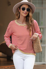 Fiery Red Contrast Trimmed Striped Drop Shoulder Sweater Sweaters JT's Designer Fashion