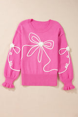 Bright Pink Corded Flower Bow Ribbed Trim Casual Sweater Sweaters JT's Designer Fashion