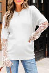 Beige Lace Sleeve Patchwork Faux Two-piece Fuzzy Sweater Sweaters JT's Designer Fashion