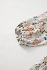 Green Floral Print Tiered Frilled Shirred Mock Neck Mini Dress Floral Dresses JT's Designer Fashion