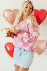 Pink Pearled Heart Print Valentines Crew Neck Sweater Sweaters JT's Designer Fashion
