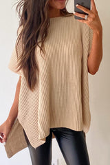 Apricot Short Sleeve Side Slit Oversized Sweater Sweaters & Cardigans JT's Designer Fashion