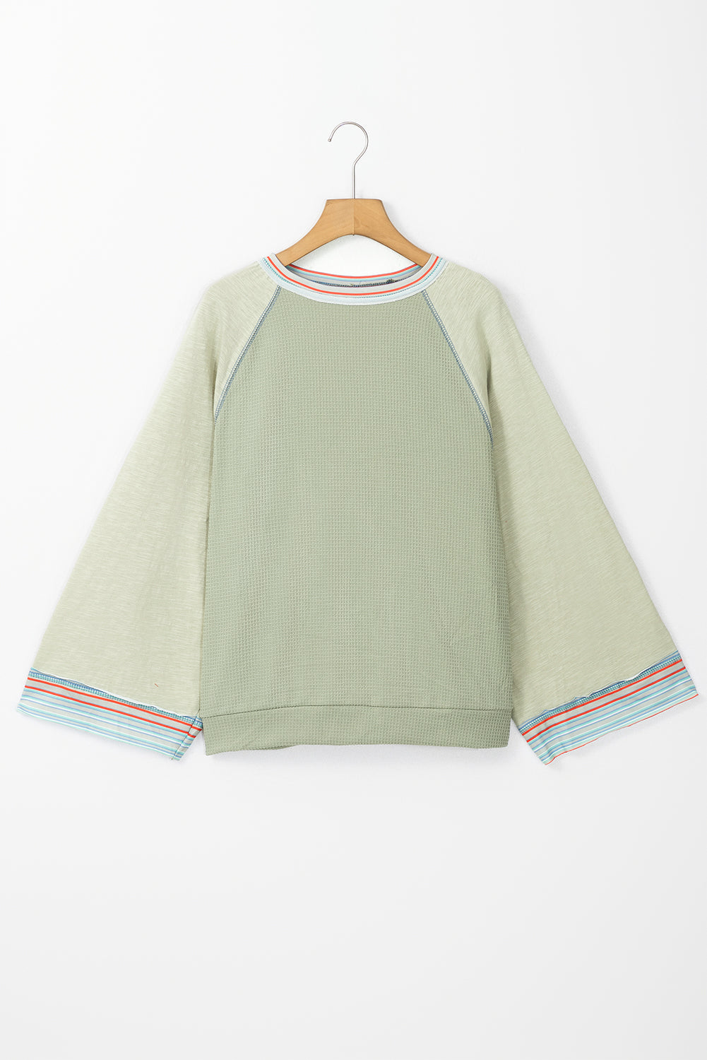 Meadow Mist Green Waffle Knit Wide Bracelet Sleeve Patchwork Raglan Top Long Sleeve Tops JT's Designer Fashion