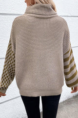 Smoke Gray Striped Plaid Patchwork Waffle Knit Turtleneck Sweater Sweaters JT's Designer Fashion