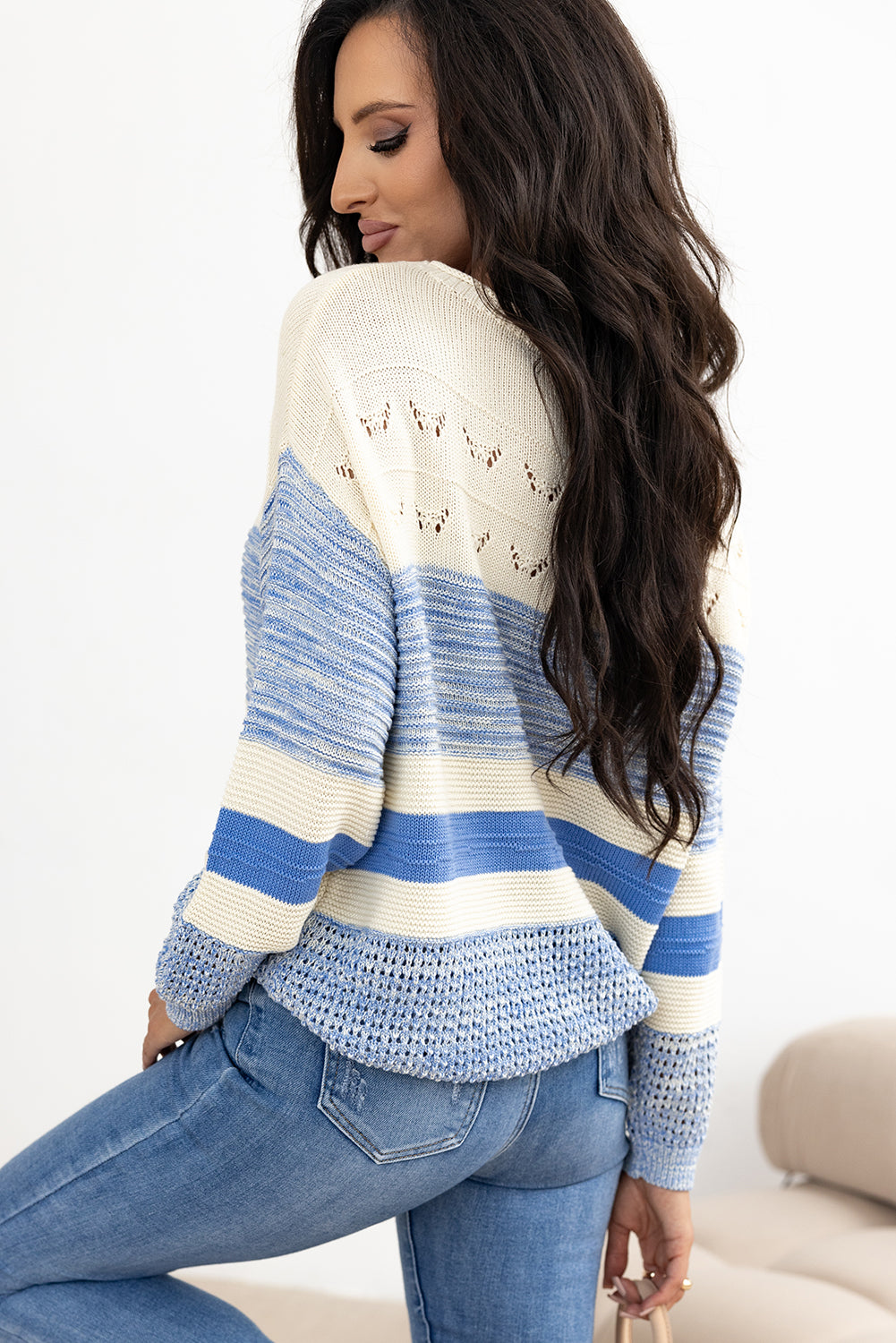 Light Blue Open Stitch Puff Sleeve Sweater Sweaters JT's Designer Fashion