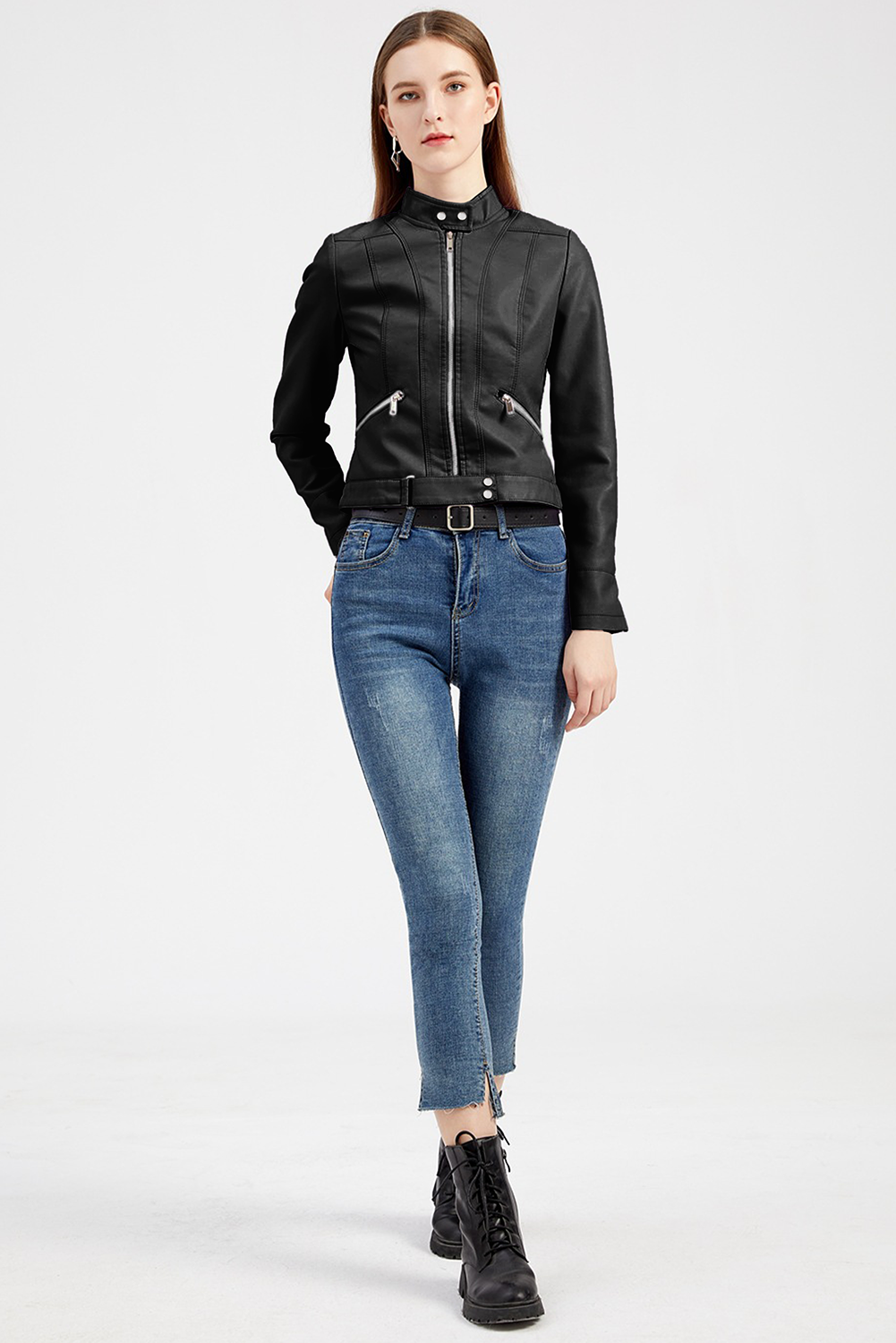 Black Faux Leather Snap Button Stand Neck Zipped Pocket Jacket Jackets JT's Designer Fashion
