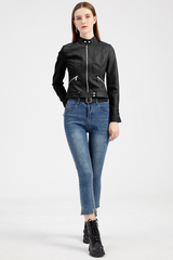 Black Faux Leather Snap Button Stand Neck Zipped Pocket Jacket Jackets JT's Designer Fashion