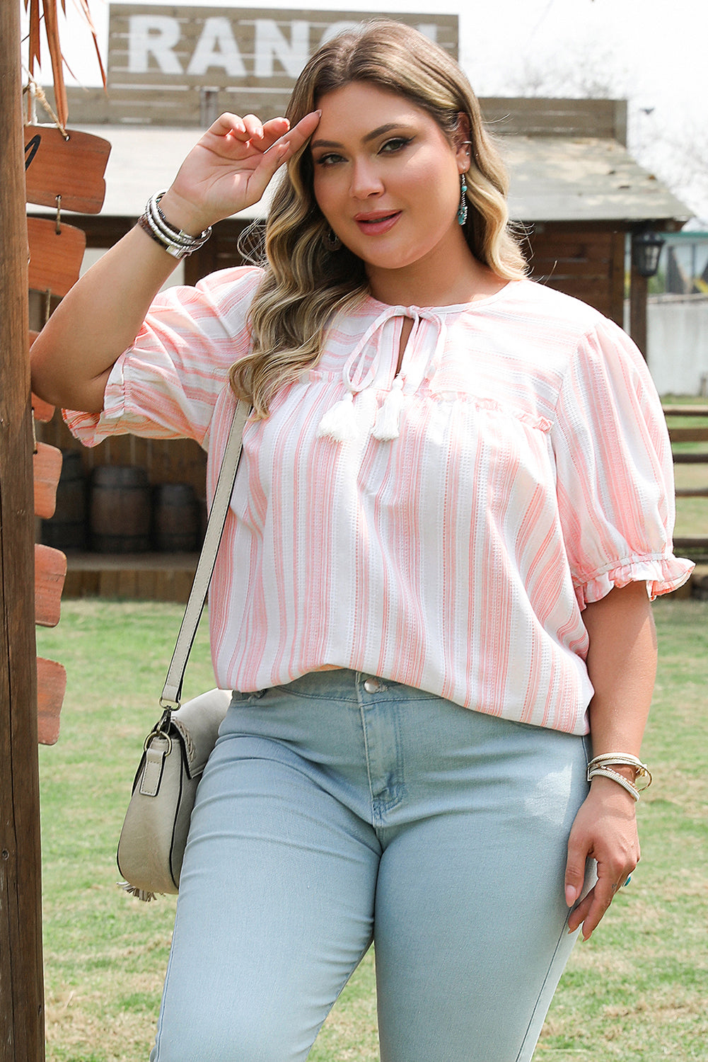 Pink Stripe Plus Size Tassel Tie Frilled Detail Short Sleeve Blouse Plus Size Blouses & Shirts JT's Designer Fashion