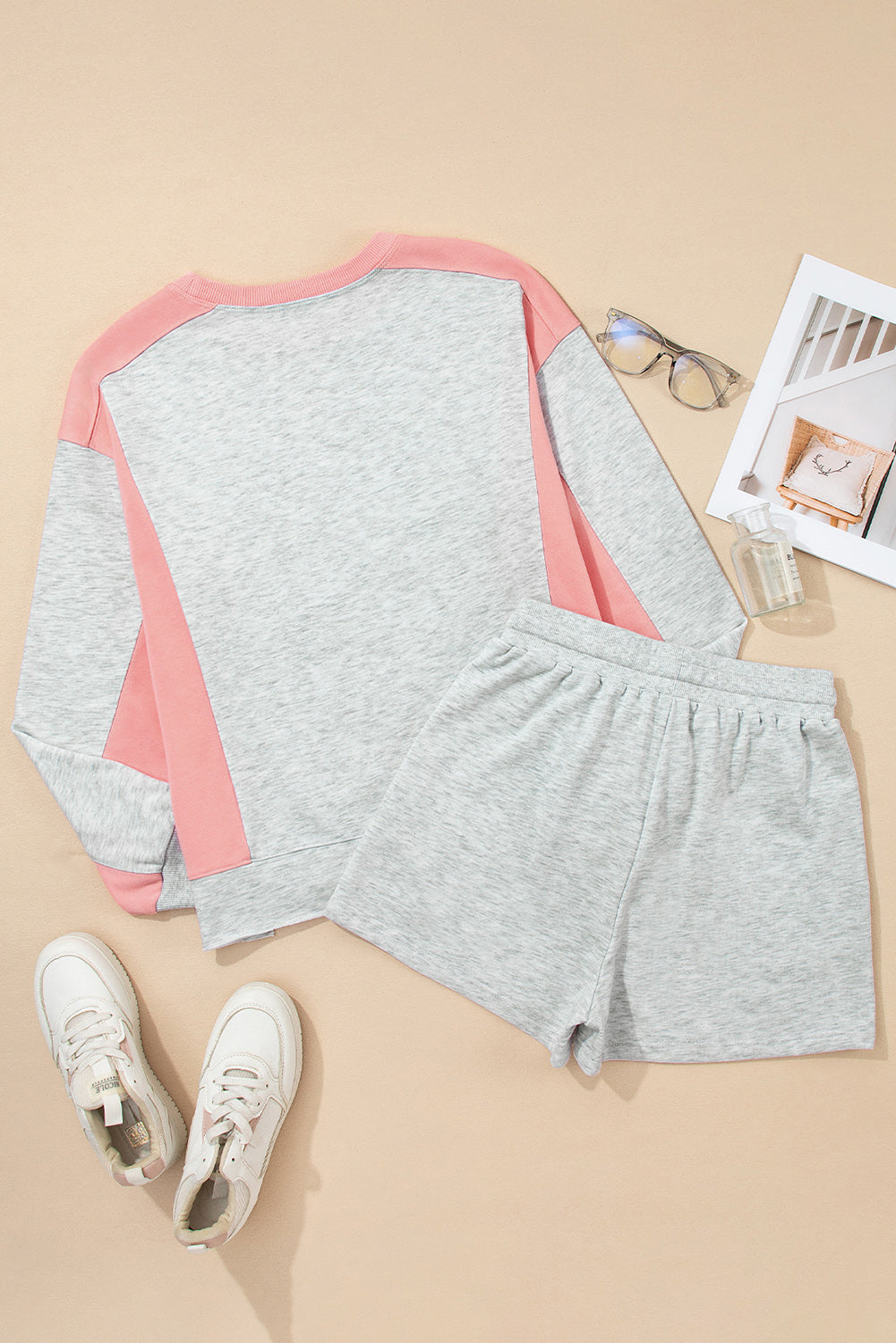 Light Grey Color Block Raw Hem Pullover and Casual Shorts Set Short Sets JT's Designer Fashion