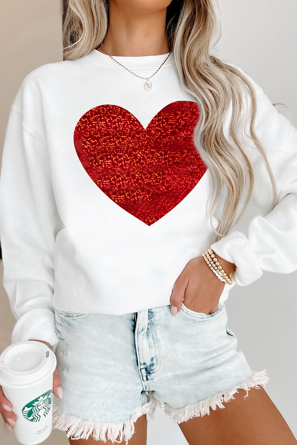 Beige Glitter Valentine Heart Shape Graphic Sweatshirt Graphic Sweatshirts JT's Designer Fashion