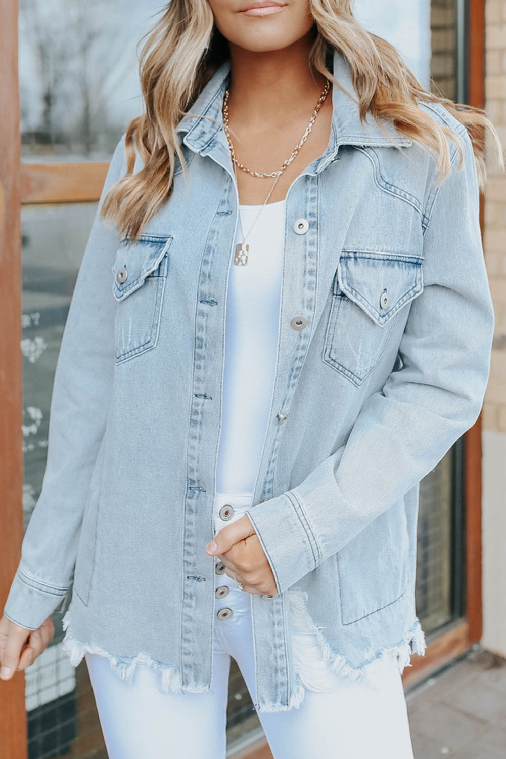 Sky Blue Flap Pocket Buttoned Raw Hem Denim Jacket Sky Blue 75%Cotton+12.7%Polyester+12.3%Viscose Denim Jackets JT's Designer Fashion