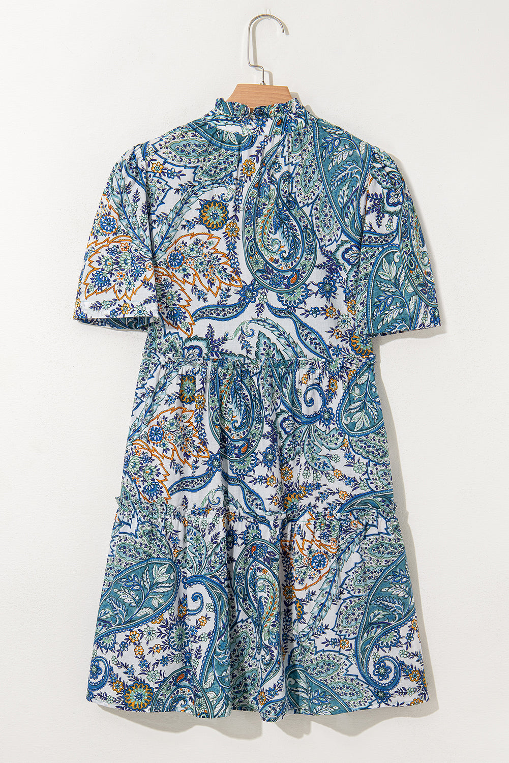 Blue Bohemian Paisley Floral V Neck Short Sleeve Mini Dress Floral Dresses JT's Designer Fashion