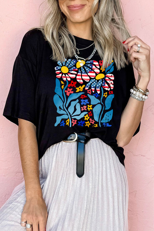 Black USA Flag Flower Graphic Drop Shoulder T Shirt Graphic Tees JT's Designer Fashion