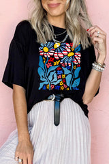 Black USA Flag Flower Graphic Drop Shoulder T Shirt Graphic Tees JT's Designer Fashion