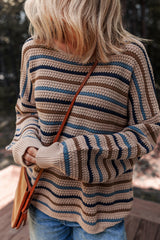 Multicolour Striped Knitted Drop Shoulder Round Neck Sweater Sweaters JT's Designer Fashion