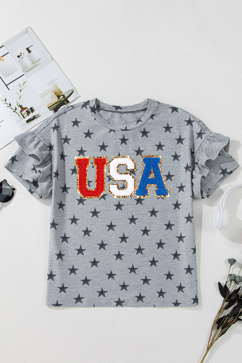 Gray USA Letter Patched Star Printed Ruffle Trim Sleeves Loose Tee Graphic Tees JT's Designer Fashion