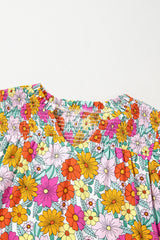 Sky Blue Floral Print Smocked Notch V Neck Flutter Sleeve Mini Dress Floral Dresses JT's Designer Fashion