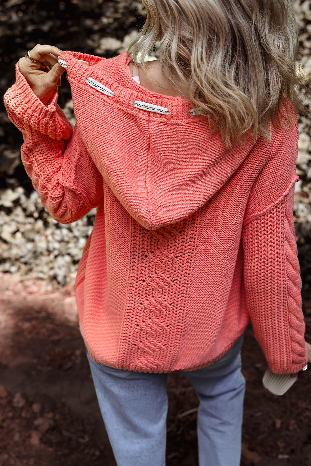 Gold Flame Cable Knit V Neck Contrast Drawstring Hooded Sweater Sweaters JT's Designer Fashion
