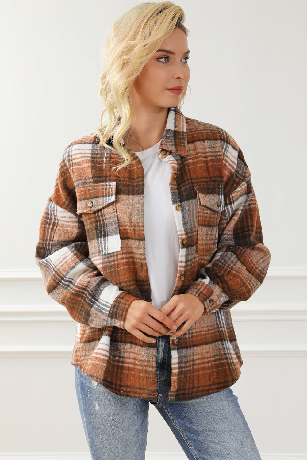 Brown Plaid Flap Pockets Shacket Plaid Shackets JT's Designer Fashion