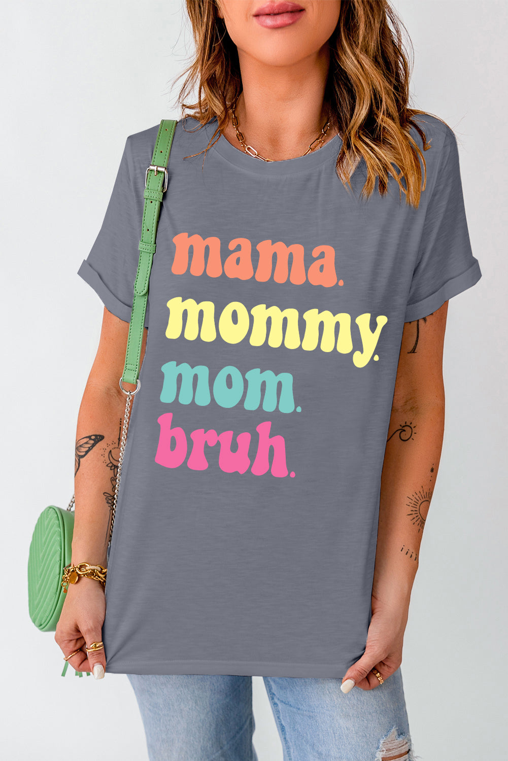 Gray mama mommy mom bruh Crew Neck Graphic Tee Graphic Tees JT's Designer Fashion