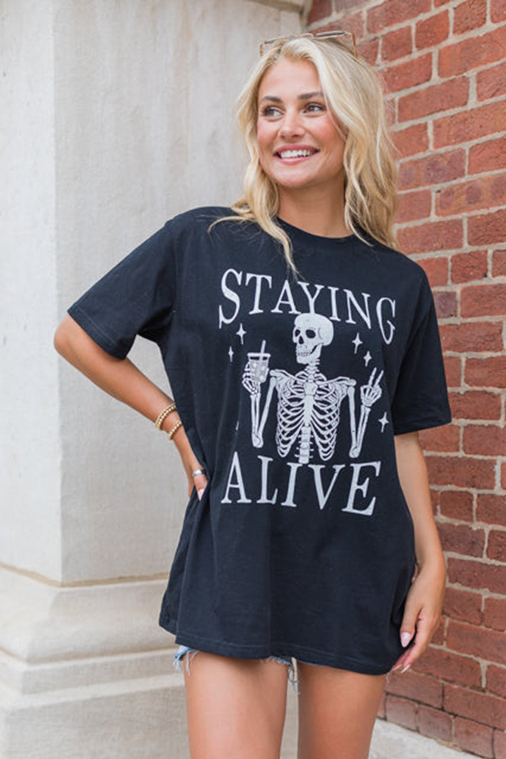 Black STAYING ALIVE Funny Skeleton Print Round Neck T Shirt Graphic Tees JT's Designer Fashion