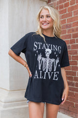 Black STAYING ALIVE Funny Skeleton Print Round Neck T Shirt Graphic Tees JT's Designer Fashion