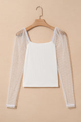 White Swiss Dot Mesh Long Sleeve Square Neck Slim Top Long Sleeve Tops JT's Designer Fashion