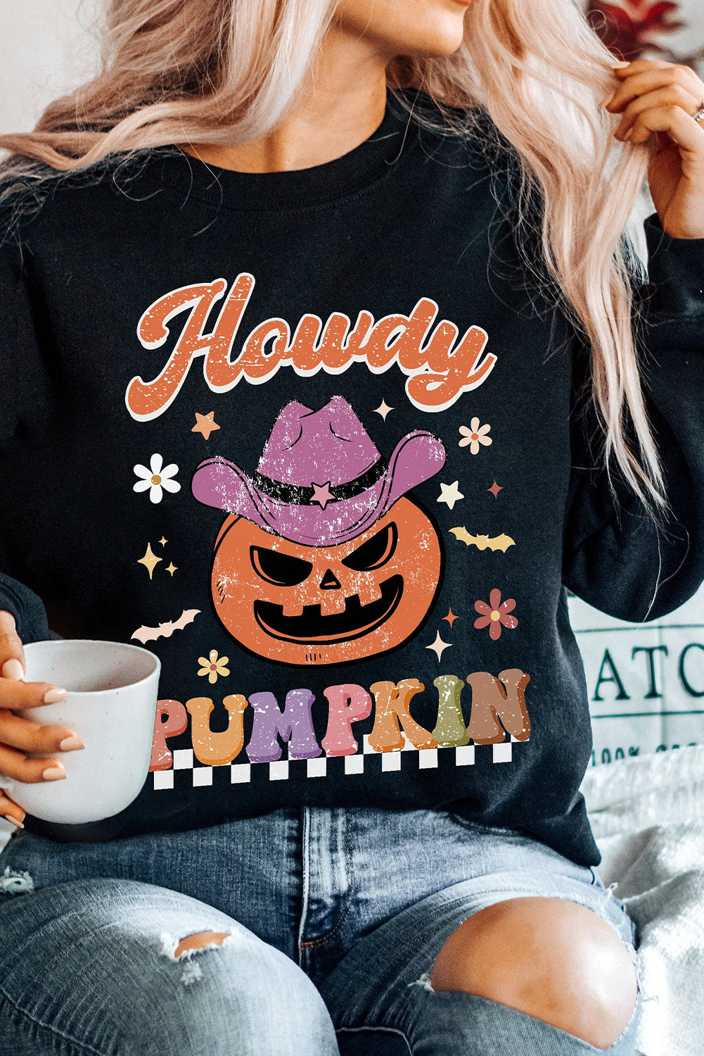 Black Halloween Howdy PUMPKIN Print Crew Neck Pullover Sweatshirt Black 50%Polyester+50%Cotton Graphic Sweatshirts JT's Designer Fashion