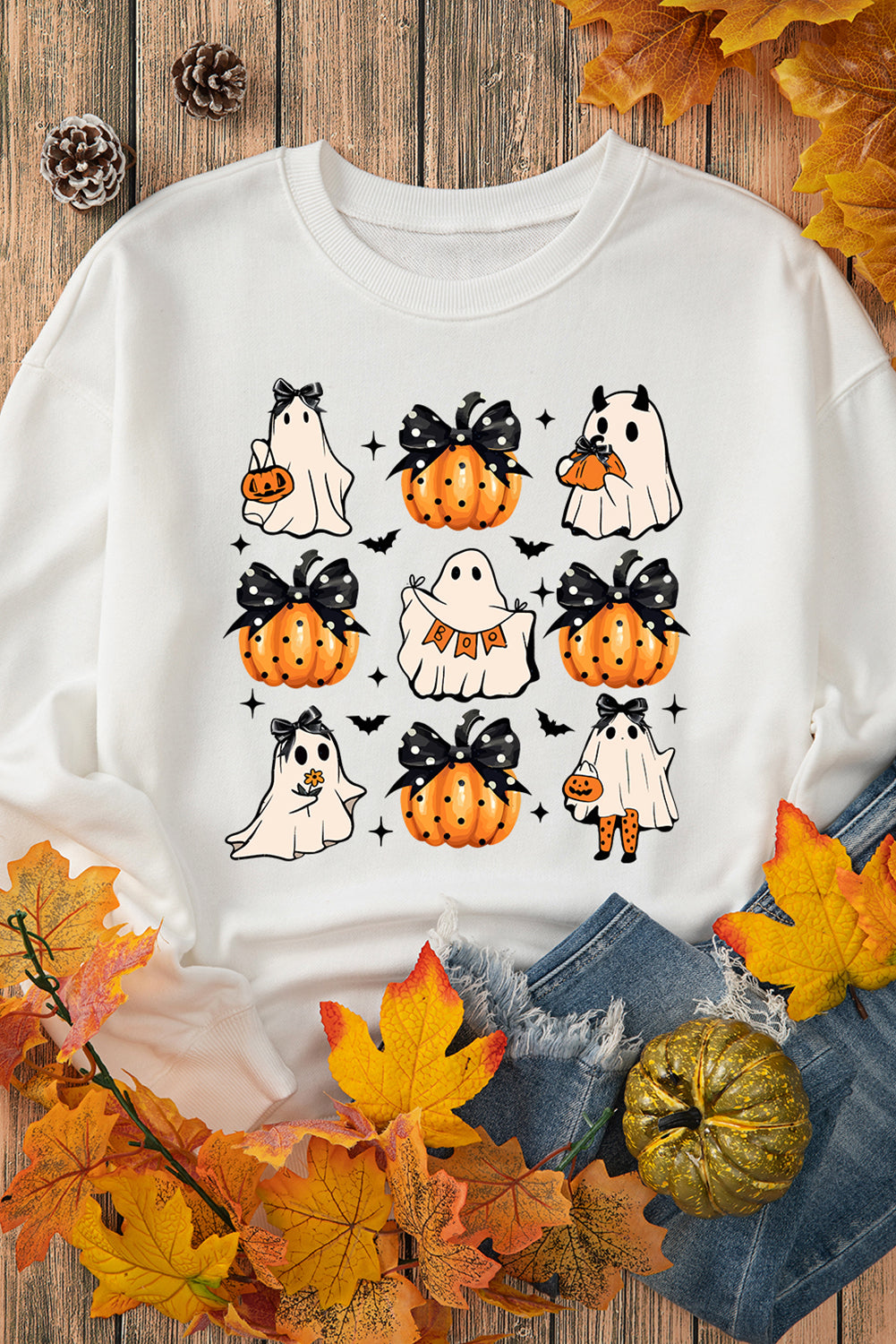 Beige Halloween Ghost Pumpkin Print Crew Neck Sweatshirt Graphic Sweatshirts JT's Designer Fashion