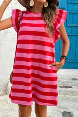 Red Stripe Flutter Sleeve Round Neck Shift Dress Mini Dresses JT's Designer Fashion