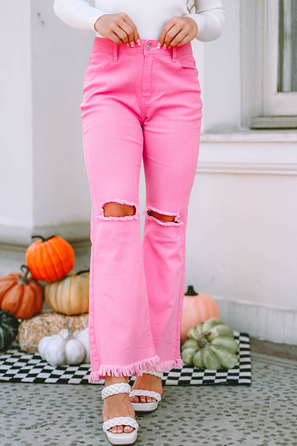 Pink Vintage High Waist Flare Leg Ripped Raw Hem Jeans Jeans JT's Designer Fashion