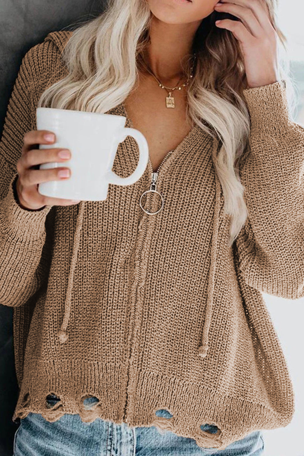 Khaki Zipper V-neck Dropped Sleeve Hooded Solid Sweater Sweaters & Cardigans JT's Designer Fashion