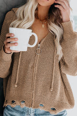Khaki Zipper V-neck Dropped Sleeve Hooded Solid Sweater Sweaters & Cardigans JT's Designer Fashion