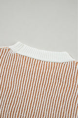 Chestnut Striped Textured Knit Contrast Edge Loose Sweater Sweaters JT's Designer Fashion
