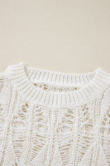 White Cut Out Crochet Crew Neck Loose Fit Sweater Sweaters JT's Designer Fashion