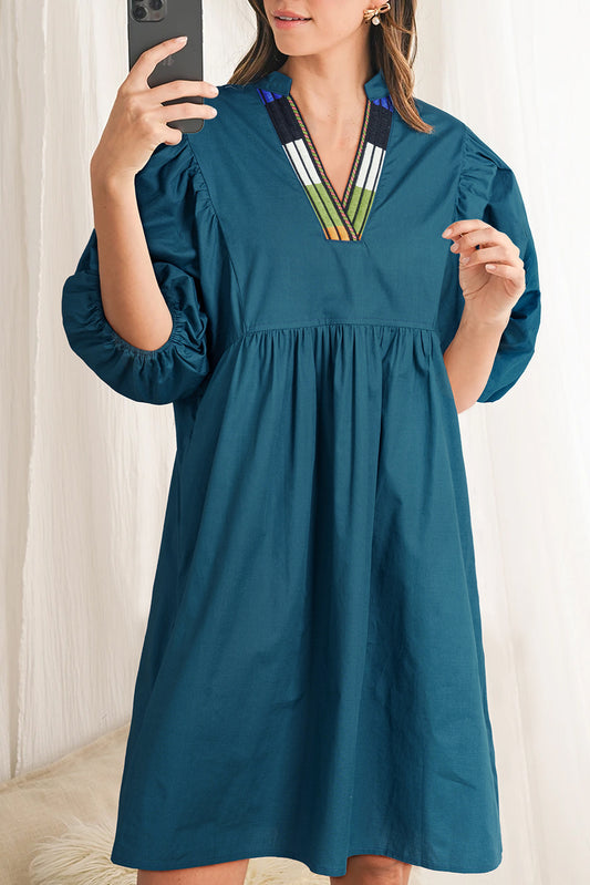 Blue Sapphire Colorblock Split V Neck Puff Sleeve Mini Dress Dresses JT's Designer Fashion