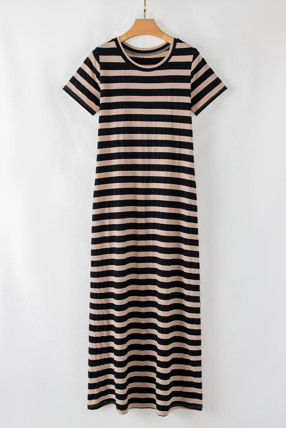 Black Stripe Casual Round Neck T-shirt Maxi Dress with Pockets T Shirt Dresses JT's Designer Fashion