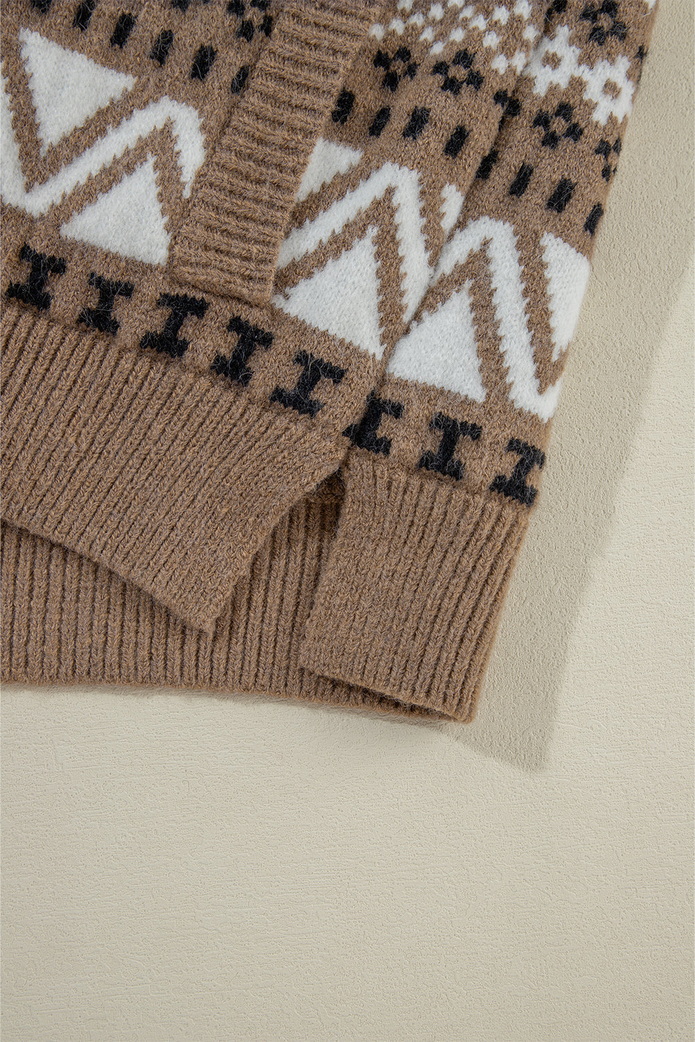 Brown Western Printed Ribbed Trim Collared Zip up Cardigan Cardigans JT's Designer Fashion