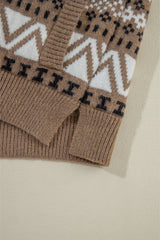 Brown Western Printed Ribbed Trim Collared Zip up Cardigan Cardigans JT's Designer Fashion