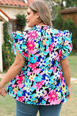 Blue Floral Flutter Sleeve Tied Notched Neck Plus Size Blouse Plus Size Blouses & Shirts JT's Designer Fashion