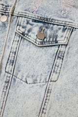 Beau Blue Light Wash Buttoned Chest Pocket Puff Sleeve Denim Jacket Denim Jackets JT's Designer Fashion